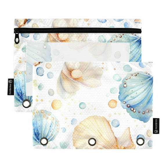 2 Pack Pencil Pouch for 3 Ring Binder Zipper Pencil Case Seashells Clear Window Pencil Bag Organizers