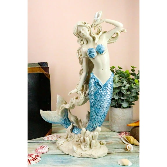 Ebros Aqua Blue Tailed Mermaid Listening To Sconce Figurine 12"H Ocean Goddess