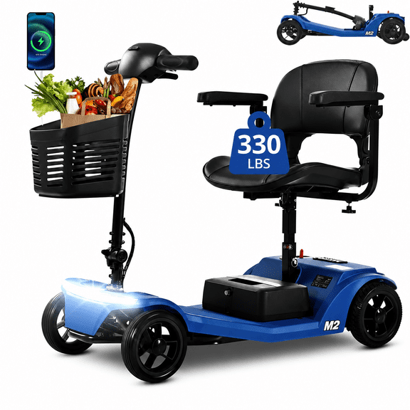 ENYOPRO 4 Wheel Electric Scooter for Adults, Foldable All-Terrain Mobility Scooter for Seniors with Bright Headlights, USB Port, Basket and Long-Range Battery, Blue