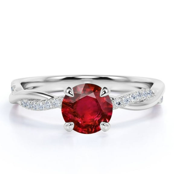 JeenMata 1 Carat Round Cut Sunset Birthstone Lab Created Ruby Engagement Ring in 18k White Gold over Silver