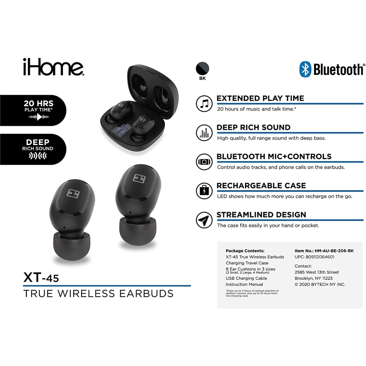 XT-45 Bluetooth Stereo Weather-Proof Earphones with Charging Case and USB Charging Cable (BE-206)