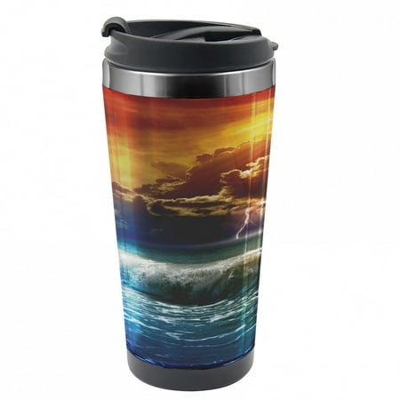 

Nature Travel Mug Ocean Wild Fire Waves Steel Thermal Cup 16 oz by Ambesonne