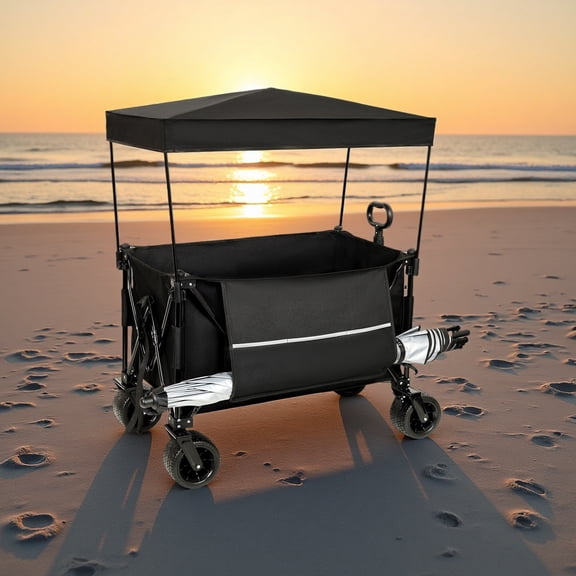 Heavy Duty Collapsible Wagon with Canopy & Mosquito Net, 480Lbs Capacity All-Terrain Folding Cart with 7" Wheels for Camping, Beach, and Outdoor Events, Dark Blue