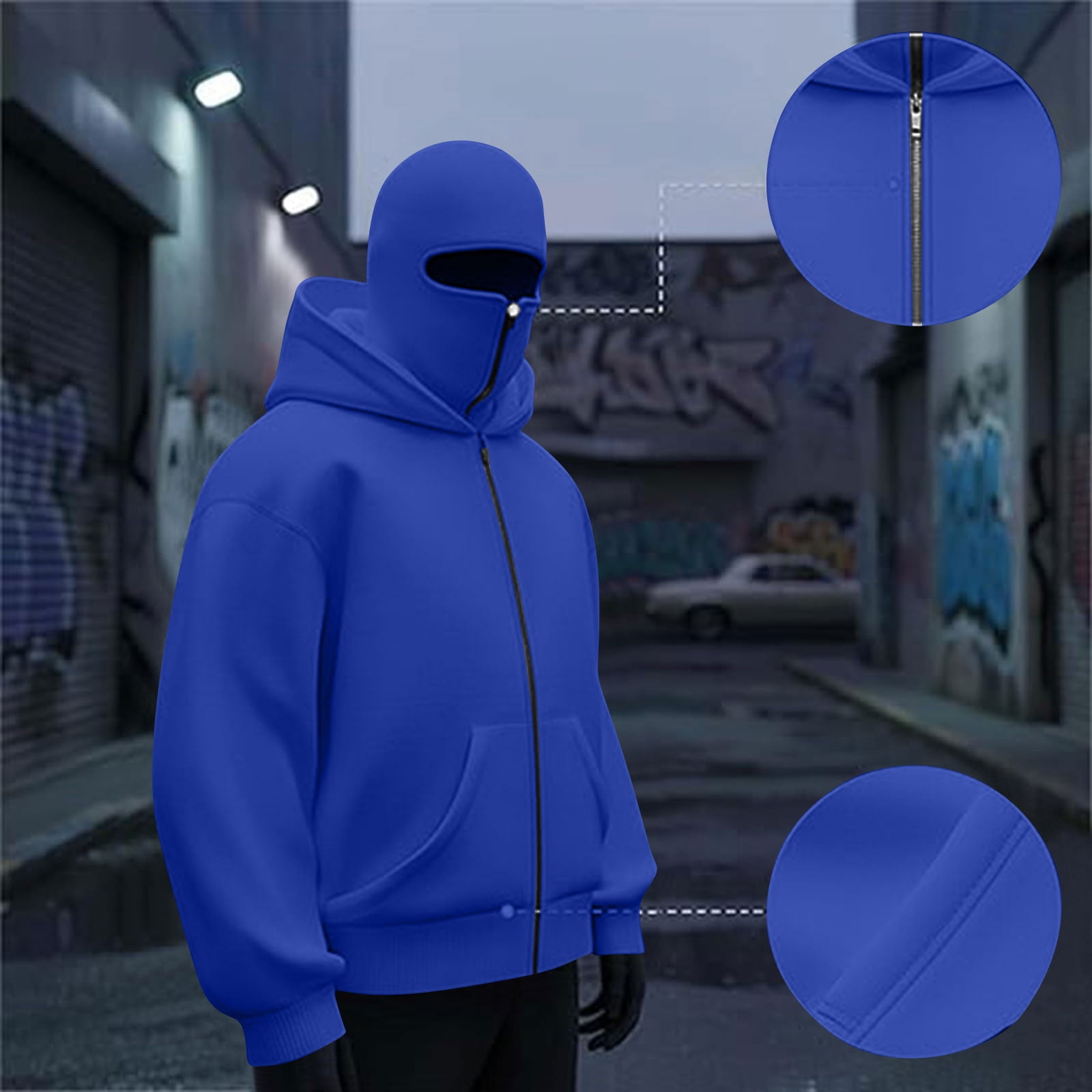 Mens Balaclava Hoodie Winter Double Hooded Zip Jacket Loose Fit Zip Up Fashion Hoodies Jacket Fleece-Lined Hoodie with Built-In Balaclava Wind-Resistant Streetwear Sweatshirt with Ski Mask