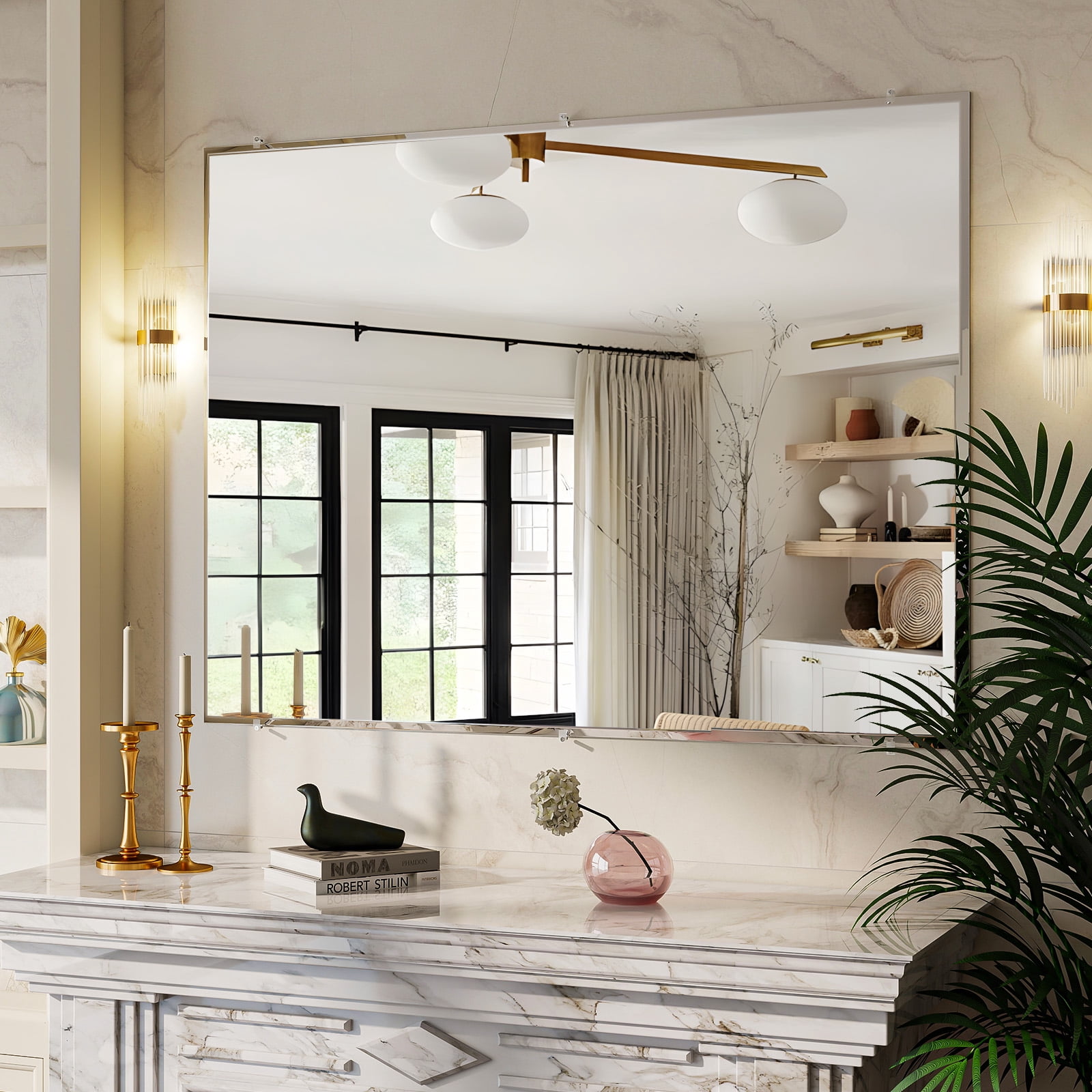 Easy4Home 36"x48" Frameless Rectangular Bathroom Mirror Beveled Edge Vanity Wall Mirror