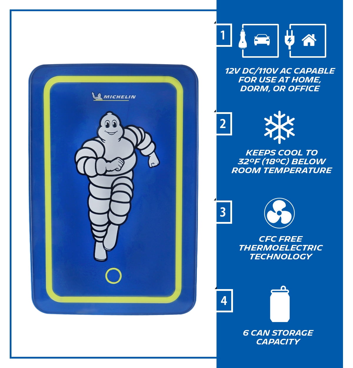 Michelin 6L Portable Mini Fridge w/ LED Light, 12V 110V 6 Can Cooler