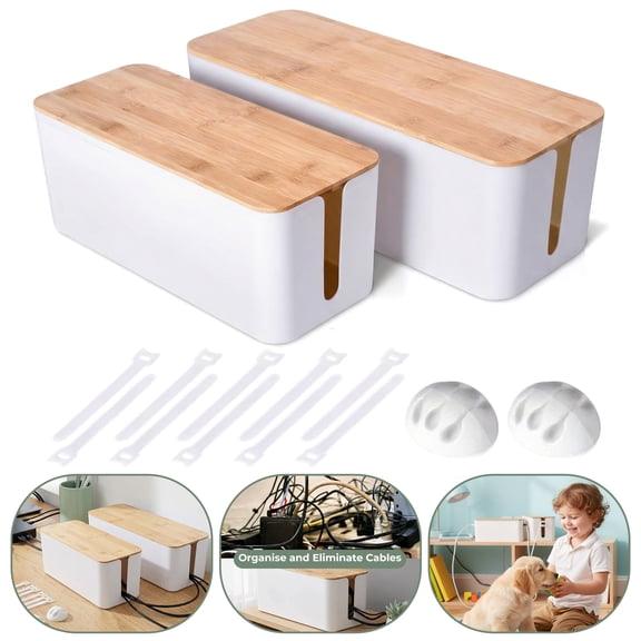 Cable Management Box Set – Medium & Large Bamboo Lid White Boxes with Free Accessories for Desk, TV, Computer, USB Hub, and Power Strips