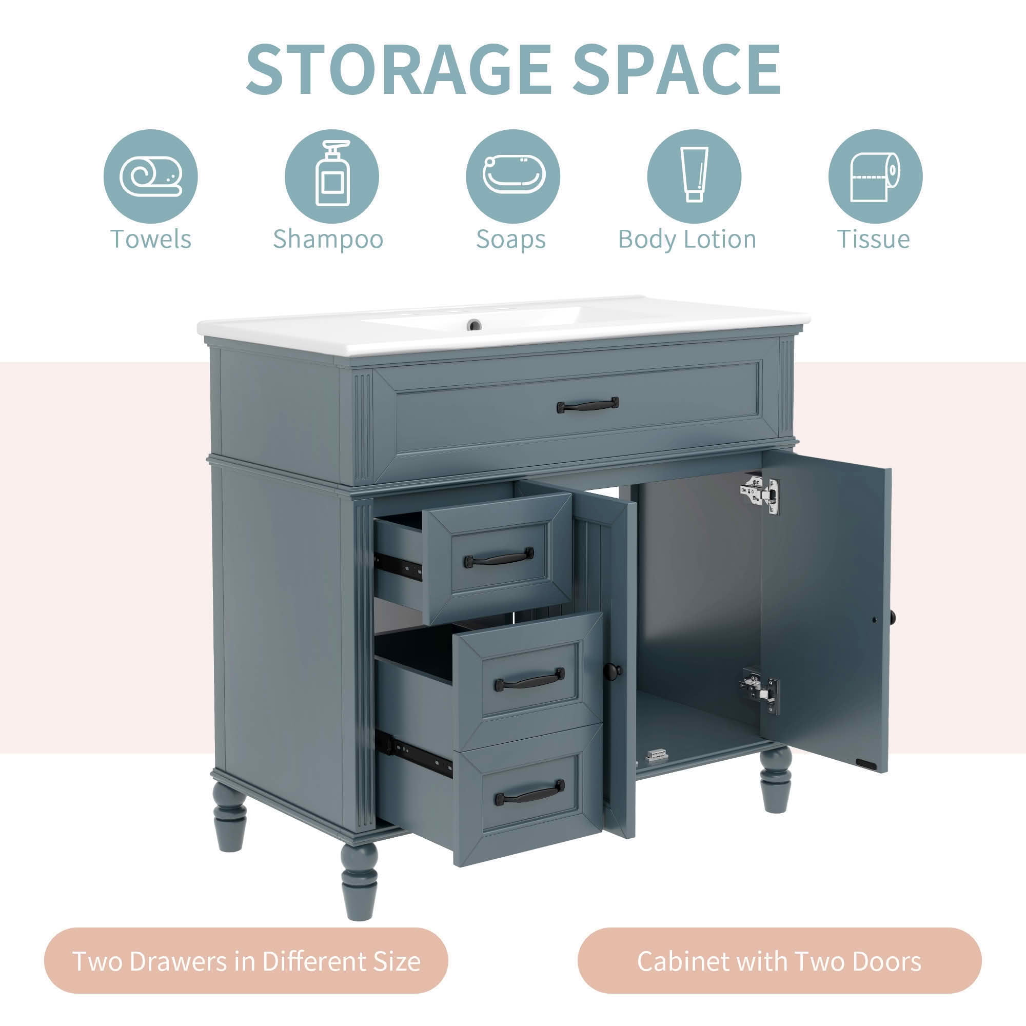 MAYEERTY 36" Bathroom Vanity with Sink Blue Cabinet Drawers Solid Frame MDF One Package