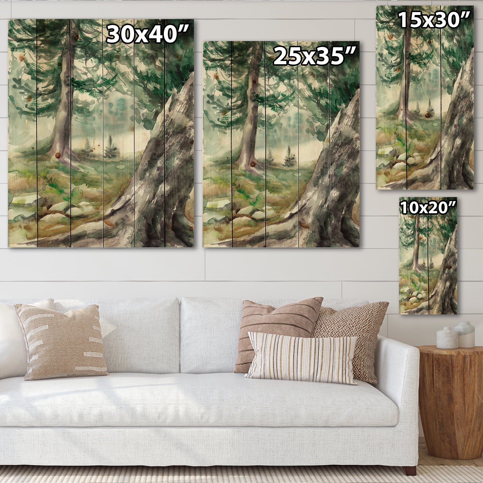 Designart 'Pine Forest In The Early Morning Glow' Lake House Print on Natural Pine Wood