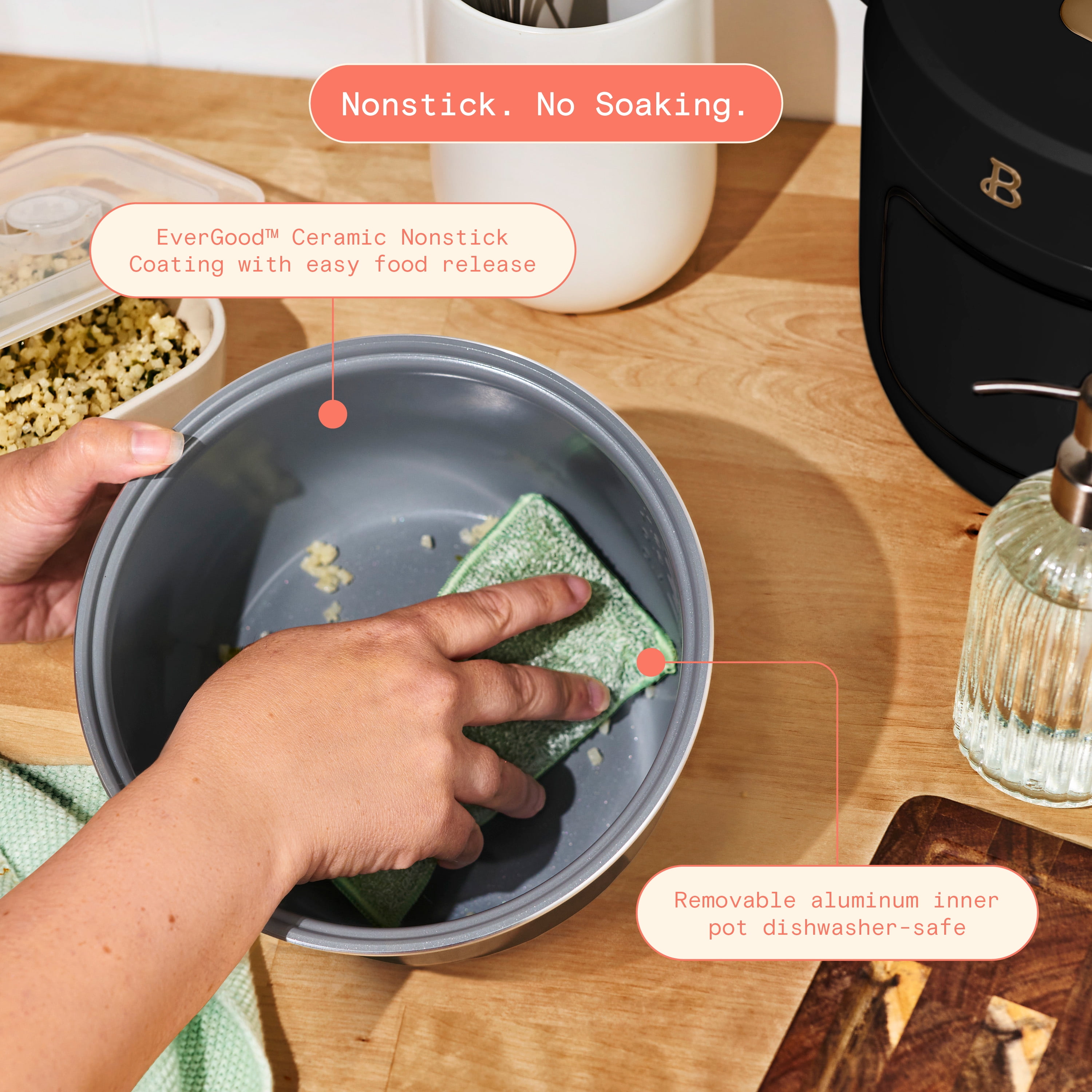 Beautiful 14-Cup Cooked, 6-Cups Uncooked Electric Rice and Grain Cooker, EverGood™ Ceramic Nonstick Coating, Black Sesame by Drew Barrymore