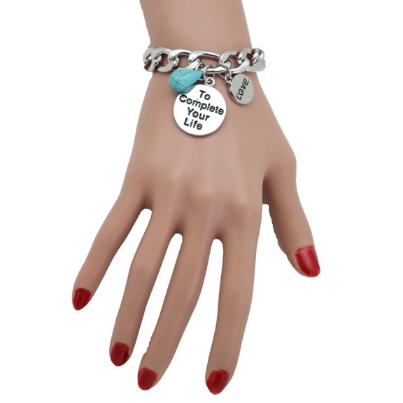 Women Silver Metal Chain Bracelet LOVE COMPLTE LIFE Charm Turquoise Bead Heart