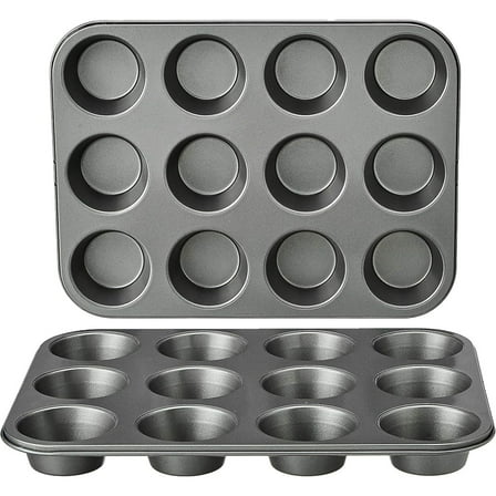Nonstick Round Muffin Baking Pan, 12 Cups, Set of 2, Gray, 13.9x10.55x1.22"