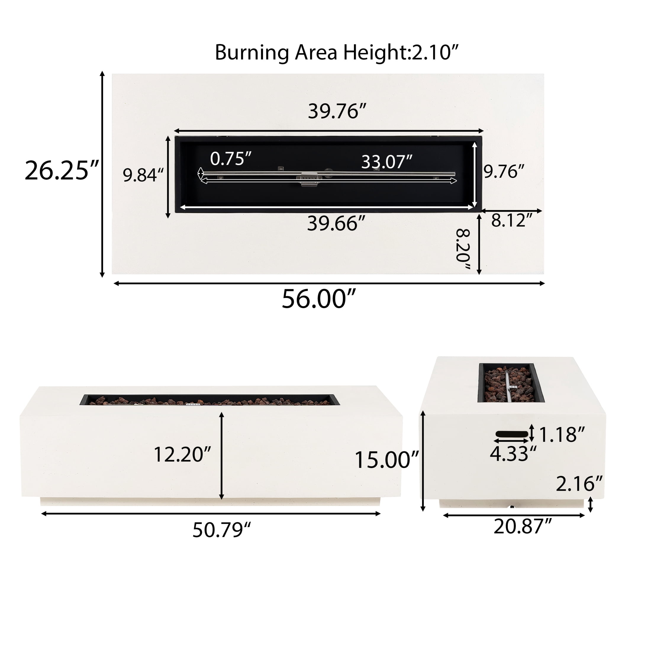 Christopher Knight Home Modern Outdoor 56" Rectangular Propane Fire Pit, 50,000 BTU, White MGO, (No Tank Cover)