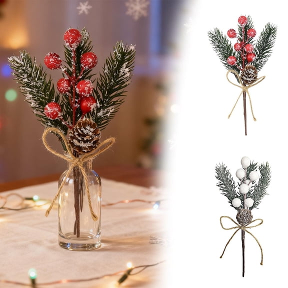 RotHome Artificial Greenery Picks Christmas Pine Needle Branches with Natural Small Pine Cones Red Holly Berry Stems for Xmas Wreath Decor 1 Pack