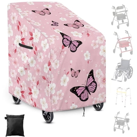 ZIATUBLES All-Weather Rollator Walker Cover, Dustproof Protective Cover for Rolling Walker with Seat, Secure Windproof Design, Cherry Blossom Pink Butterfly Print for Seniors