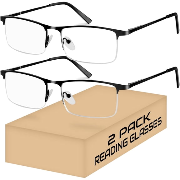 2 Pack Reading Glasses for Men, Lightweight Metal Half Frame Blue Light Blocking Computer Eyeglasses,Spring Hinges Anti Eyestrain/Glare/UV Readers(Black 1.0)