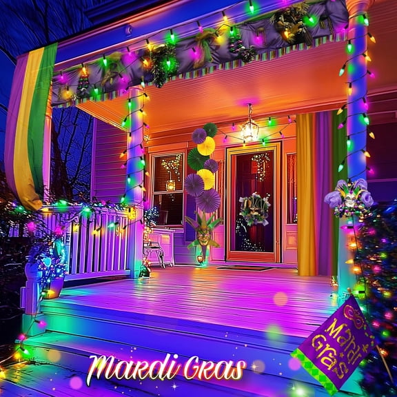 JINYUN-40FT Solar Mardi Gras Lights Decoration - 100 LED C6 Light Outdoor Waterproof String Lights 8 Modes Color for Tree, House, Window Surroundings, Fence Outside Decor