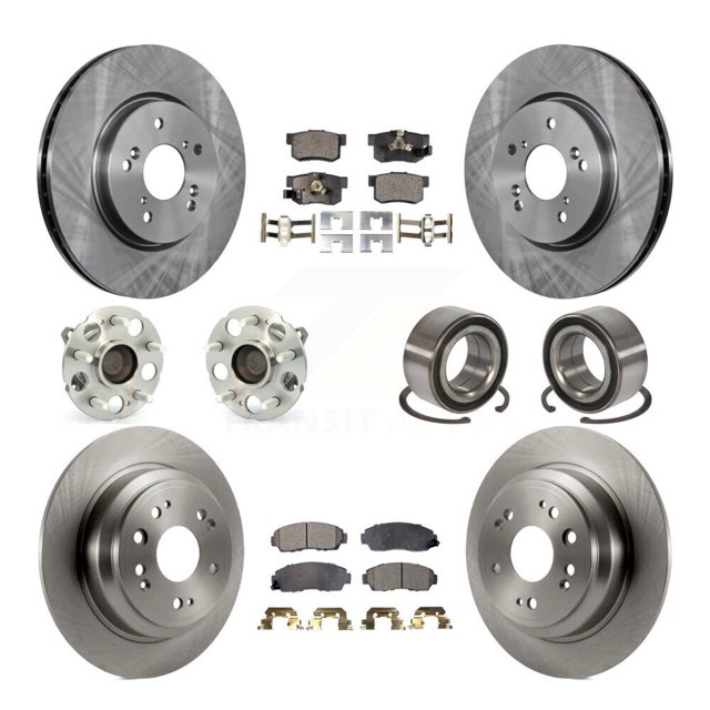 Transit Auto Front Rear Wheel Hub Bearings Assembly Disc Brake Rotors and Semi-Metallic Pads Kit (10Pc) for Car Honda Accord Crosstour FWD - Left Right Side (Driver Passenger) KBB-106272