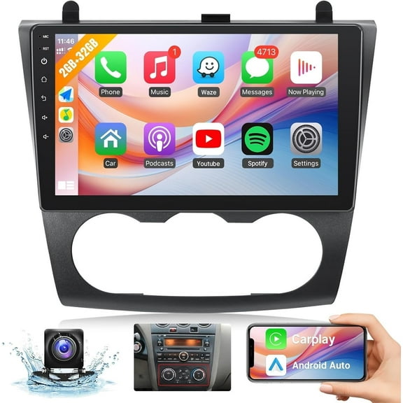 Car Radio for Nissan Altima 2008 2009 2010 2011 2012 with Wireless CarPlay & Android Auto, 9'' Touch Screen, with GPS Navigation FM Bluetooth Backup Camera (for 2008-2012 Altima Radio(Manual A/C))