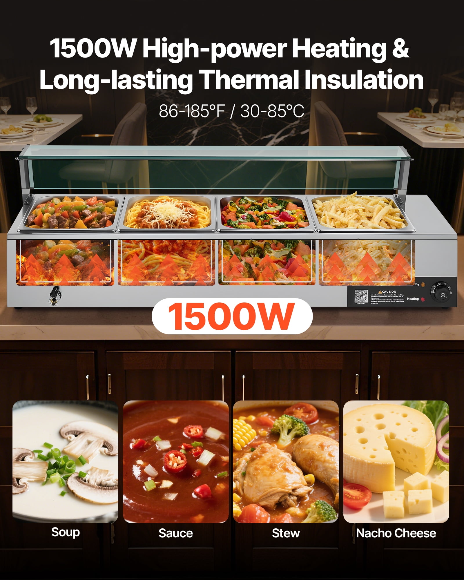 VEVOR Commercial Food Warmer, 1500W Electric Stainless Steel Steam Food Warmer with Glass Cover, 4-Pan Countertop Buffet Bain Marie with Soup & Perforated Ladles, for Catering, Restaurant & Party