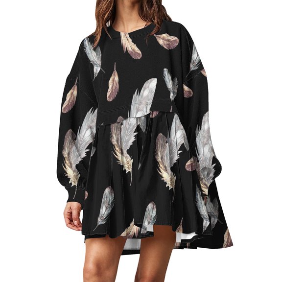Usmixi Dresses for Women Fall Dresses for Women 2025 Loose Flowy Pleated Swing Fashion Feather Graphics Mini Dress Winter Long Sleeve Casual Short Tunic Tshirt Dress