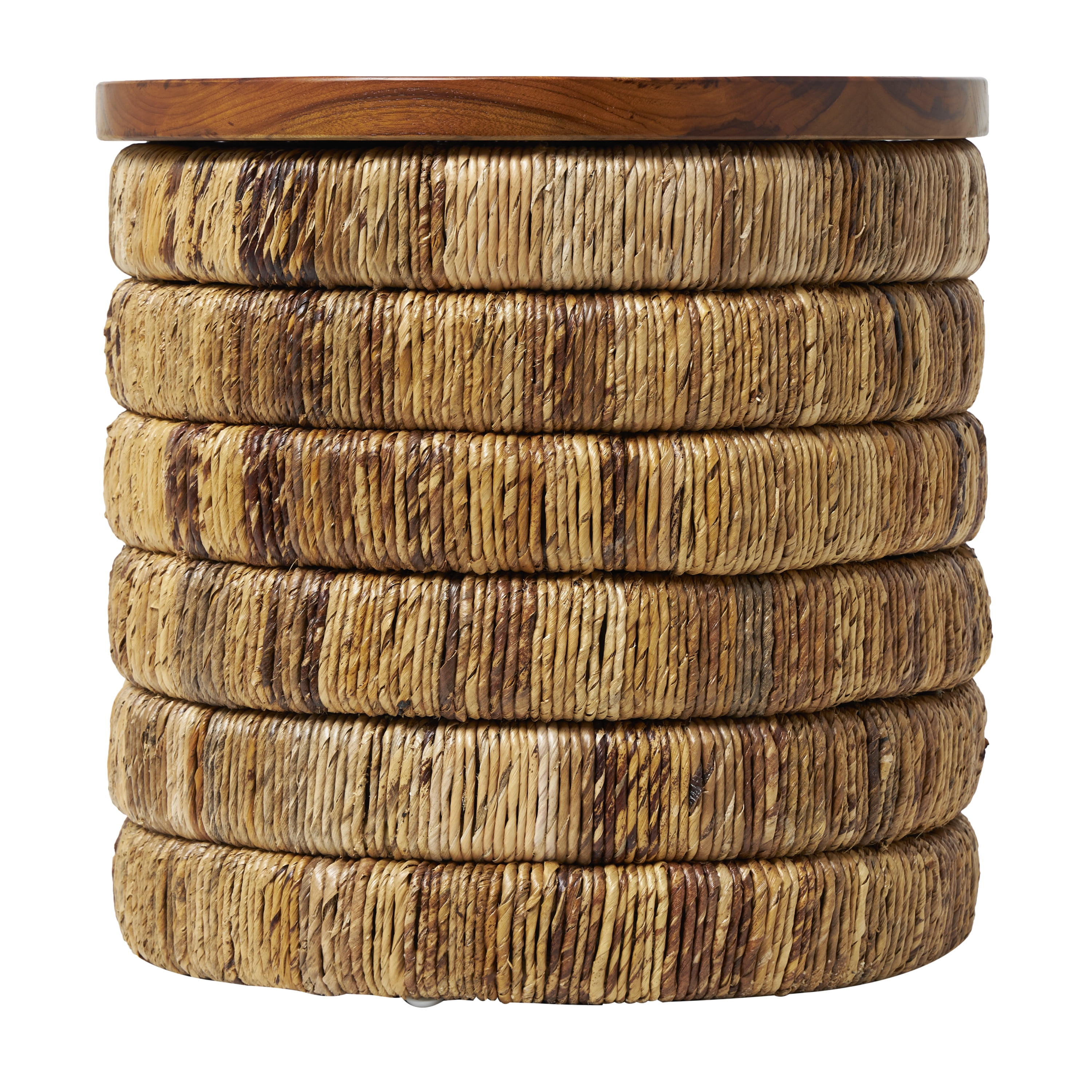 DecMode 18" x 18" Brown Seagrass Handmade Linear Wrapped Accent Table with Teak Wood Top, 1-Piece