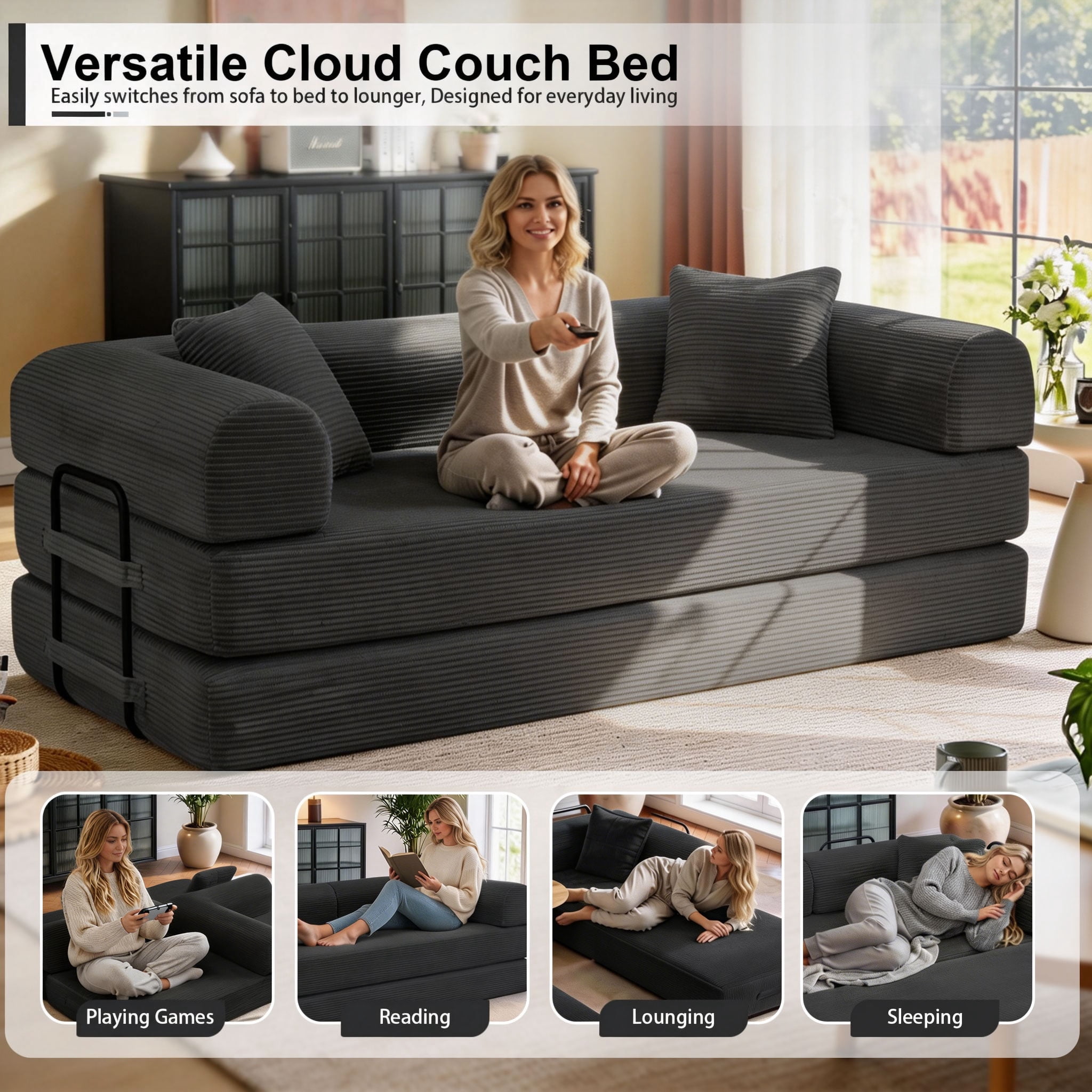 Convertible Floor Sofa Bed, Holaki 63" Foldable Compression Loveseat Lounge Sleeper Sofa with Pillow & Fixed-Shape Frame, Corduroy Folding Boneless Sofa Couch for Living Room, Small Space, Black
