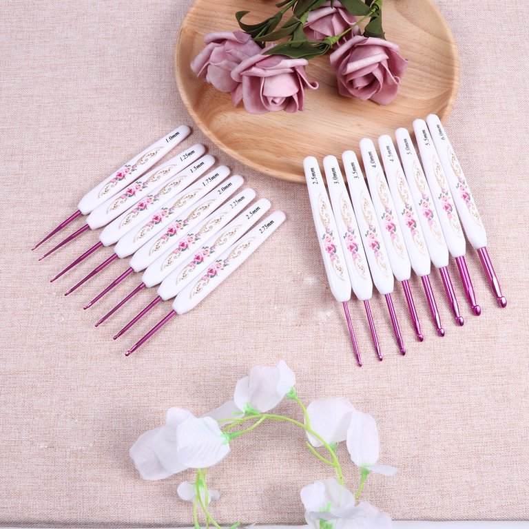 OUNONA 16pcs Retro Floral Plastic Handle Aluminum Crochet Hooks Knitting  Needles Crafts Weaving Tool