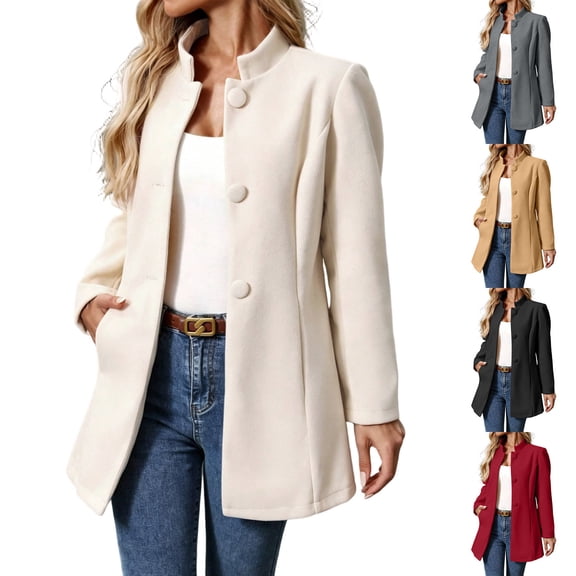 RoamHome Women's Casual Stand Collar Mid Length Wool Blend Coat Notched Lapel Button Front Jacket for Fall Winter Daily Wear