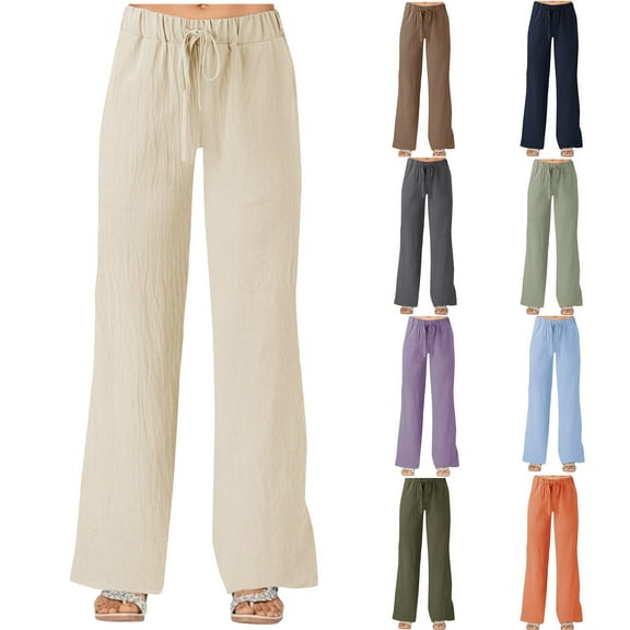 Summer Pants for Women Solid Color Strapped Pockets Loose Straight Linen Trouser Army Green Lounge Pajama Pant L