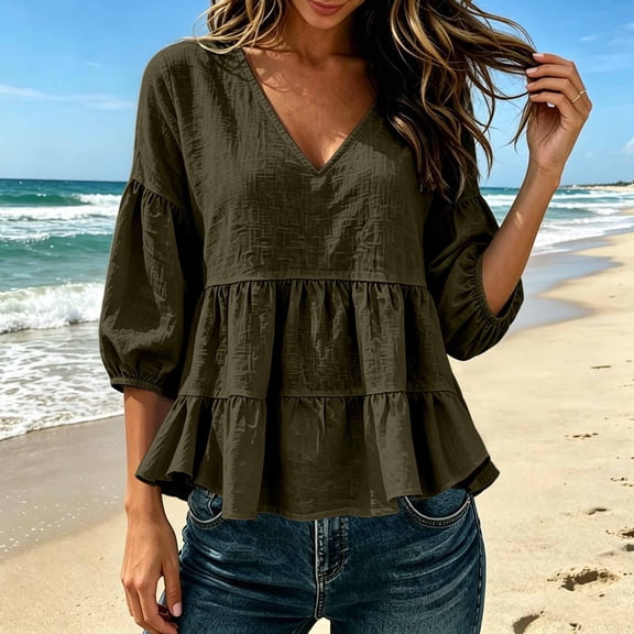 Women's V Neck Tiered Ruffle Blouses, 3/4 Sleeve Peplum Loose Casual Flowy Tops 2XL