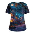 thumbnail image 3 of WTOBBY Women's Fashion V-Neck Short Sleeve Workwear with Pockets and Side Slits, Halloween Printed Tops Featuring Bat and Pumpkin Graphics for Caregiver Uniforms, Perfect for Nursing,Dark Blue L, 3 of 4