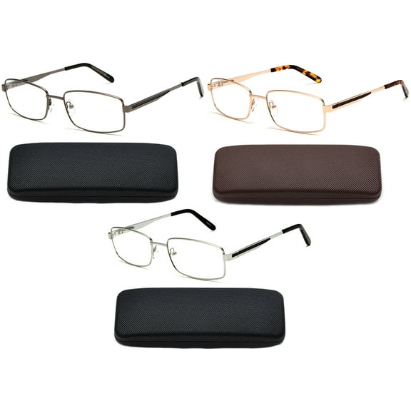 3 Pairs Rectangular Reading Glasses Metal Full Frame Spring Temple Optical Hinge Comfortable Fit for Men & Women Classic Stylish Frame Reading Glasses in Case with Hard Case