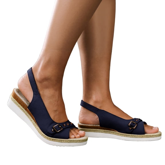 Espadrilles Wedge Sandals for Women Peep Toe Fashion Buckle Strap Summer Dress Shoes Adjustable Slingback Heels Blue Size 8.5