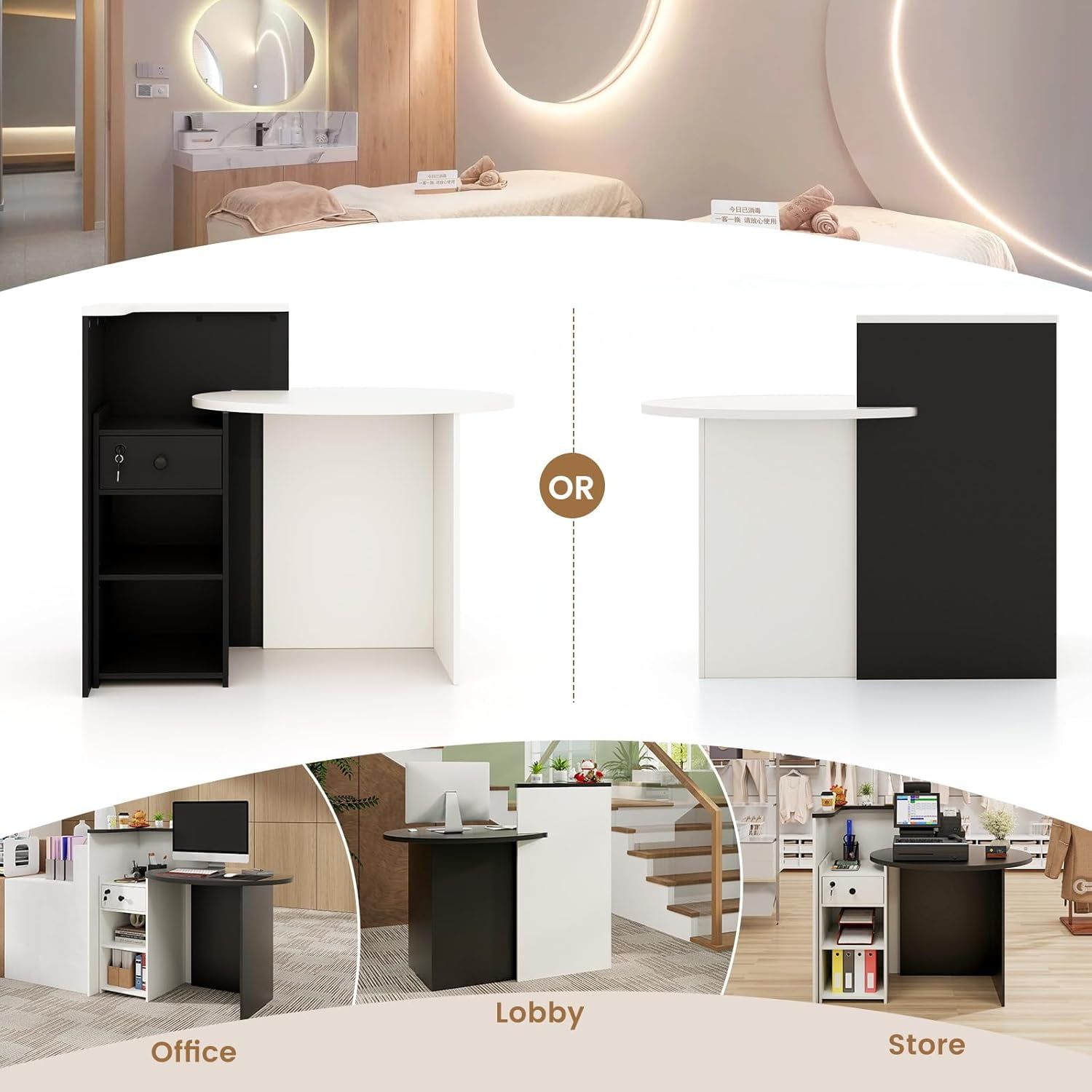 Reception Desk, Small Retail Checkout Counter with Lockable Drawer and Open Shelves, Wooden Front Desk Reception Counter, Oval Desktop & L Counter for Store Office Lobby Salon (Black & White)