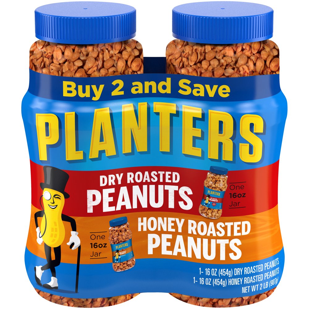 Planters Dry Roasted/Honey Roasted Peanuts 2 16 oz Jars