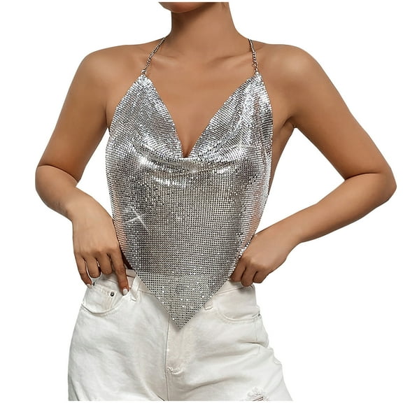 Kaemgyyd Halter Tops for Women Sequin Sparkly Deep V Neck Crop Tank Shirt Glitter Sleeveless Backless Outfit for Night Club Party
