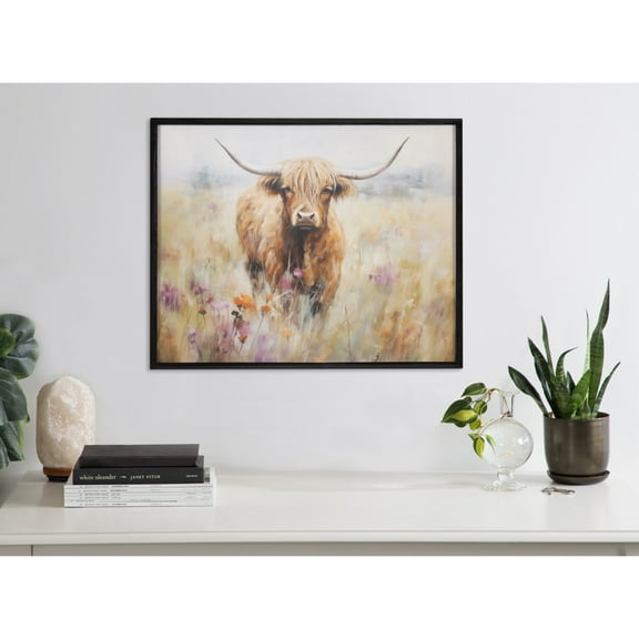 Kate and Laurel Highland Cow in a Flower Field Landscape Framed Wall Art by The Creative Bunch Studio, 20x16 Black, Cute Highland Cow Art for Wall
