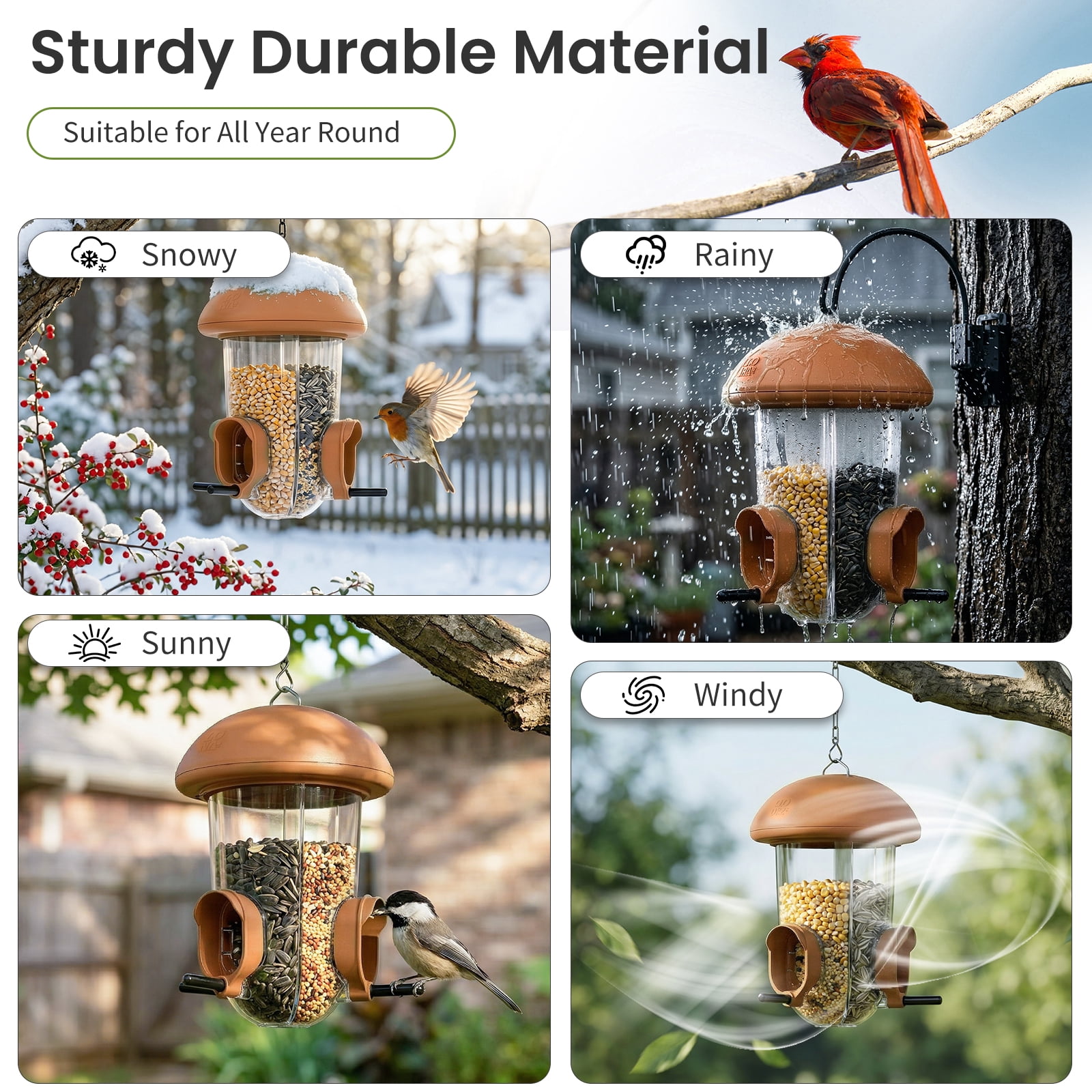 LONA Outdoor Bird Feeder, 3-Compartment & 3-Port Weather-Resistant Tube Feeder with Multiple Hanging Methods, Brown