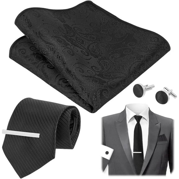 Mens Ties Set Black Garment Accessories Kits Necktie Cufflinks Silver Necktie Tie Clip Black Pocket Square Tie Sets for Men Black DIY