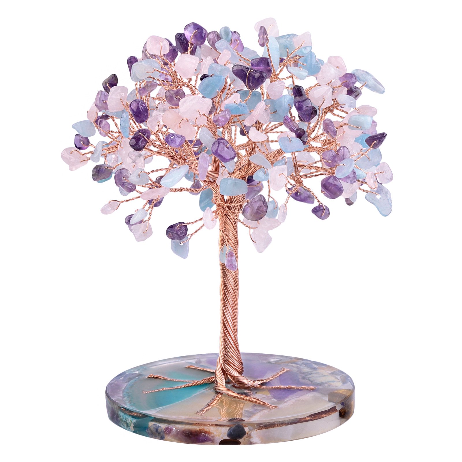 Namzi-b 1 piece colorful natural stone circular resin base natural crystal stone life tree ornament mixed color natural crushed stone leaf tree creative handicraft decoration ornament