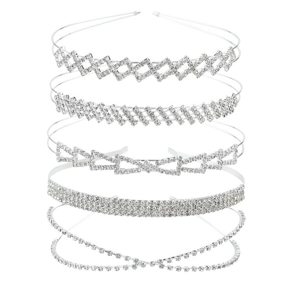 5 Pack Sparkly Glitter Rhinestone Silver Metal Headbands Wedding Hair Crowns Tiaras Clasps Accessories for Kids Girls Women Brides (5 Pack S3)