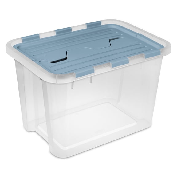 Sterilite 30 Qt Hinged Lid Storage Box, Plastic Container, Washed Blue, 24 Pack