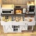 thumbnail image 3 of 72'' Tall Farmhouse Coffee Bar Cabinet w/ Hutch, LED Light, Outlets, Sliding Barn Door Kitchen Buffet w/12 Wine Bottles/Glass Racks, 4 Drawers, Hooks, 3 of 9