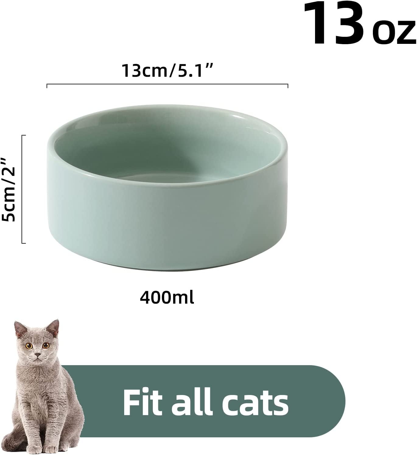 Cat Bowls Water Bowl Set of Two, 5.1” Ceramic Cat Food and Water Bowl Whisker Friendly Pet Food Bowls for Indoor Cats, Wide Cat Water Dish Prevent Whisker Fatigue Non Slip Cat Feeder