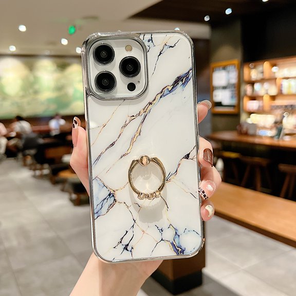 SaniMore for iPhone 13 Pro 6.1" 2021 Case with 360 Rotating Ring Bracket, Unique Fashion Marble Print Pattern Soft TPU Slim Fit Protective Shockproof Stylish Girly Stand Phone Case, White