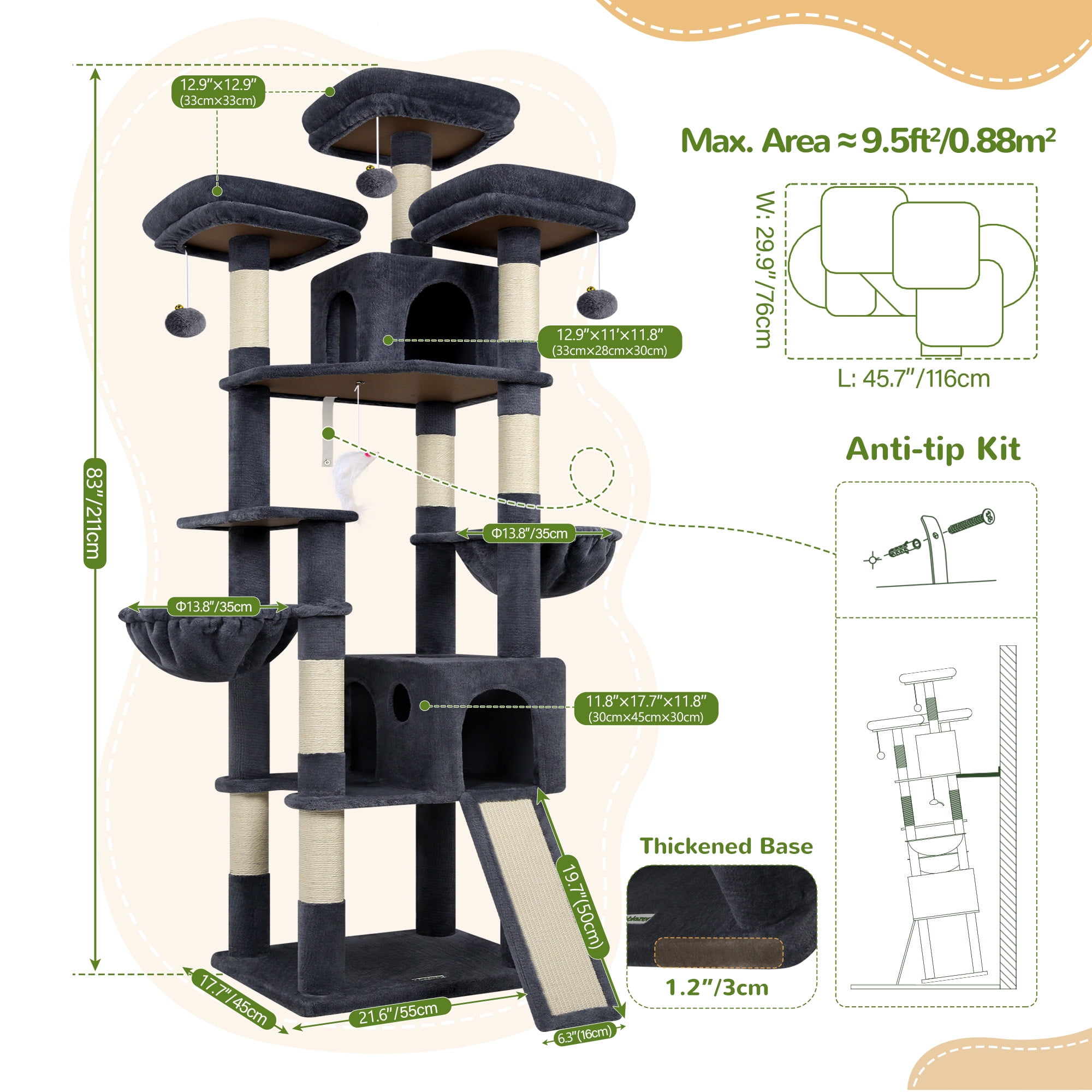Globlazer 83'' Multi-Level Large Cat Tree Tower for Indoor Cats with Sisal Scratching Post, Hammock & 2 Condos, Dark Gray