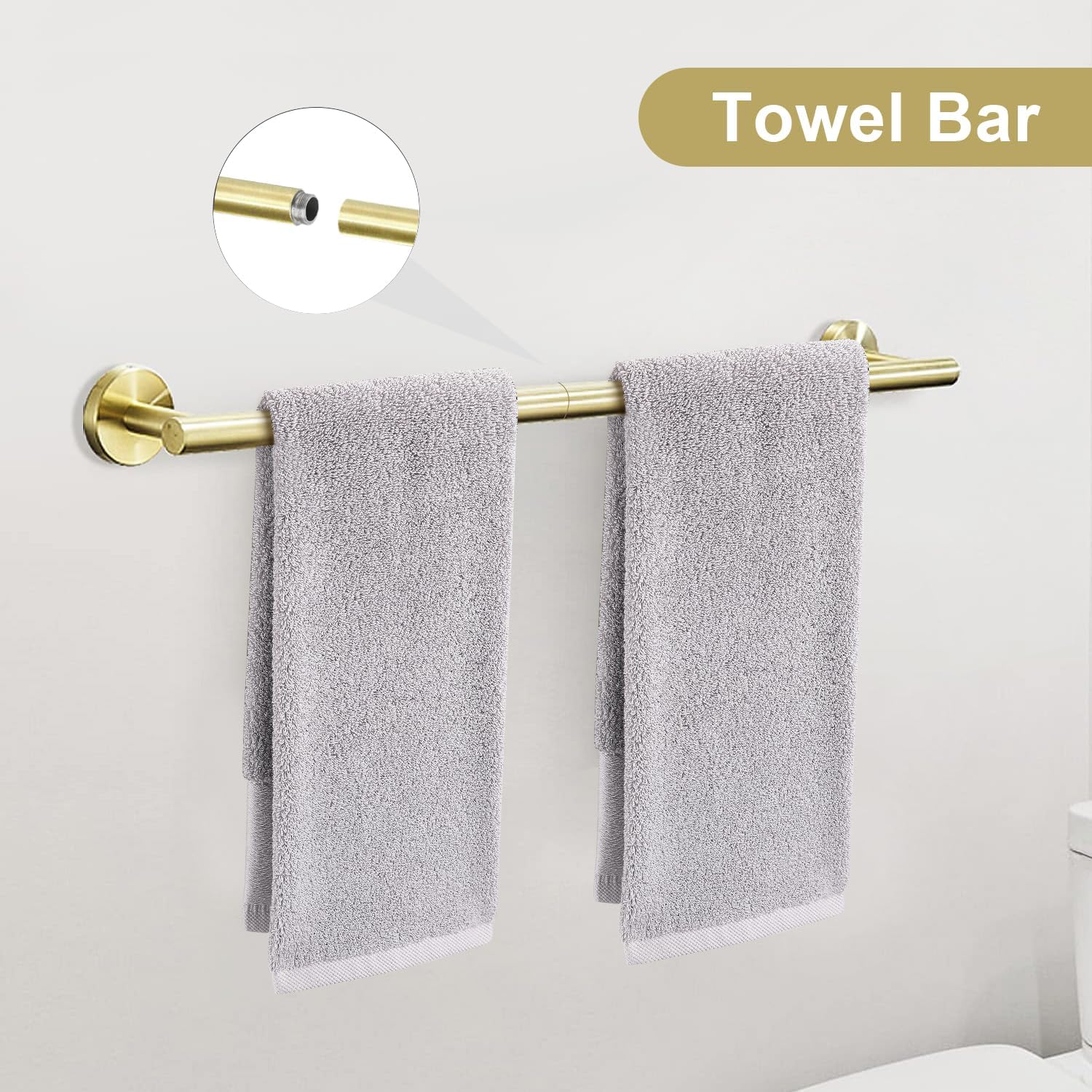 Brushed Gold 5 Piece Bathroom Hardware Set, SUS304 Stainless Steel 24 Inch Bath Towel Bar Set, Round Bathroom Accessories Kit Wall Mounted
