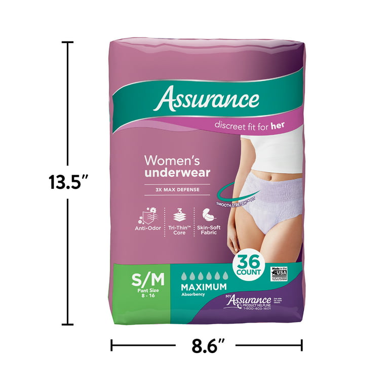 Assurance Women's Incontinence & Postpartum Underwear, S/M , Maximum  Absorbency (36 Count)