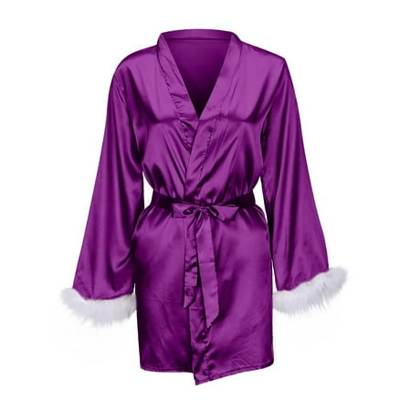 Penkiiy Solid Color Silk Robe Satin Silk Pajamas Women Nightdress Lingerie Robes Underwear Sleepwear Feather Purple Nightgowns